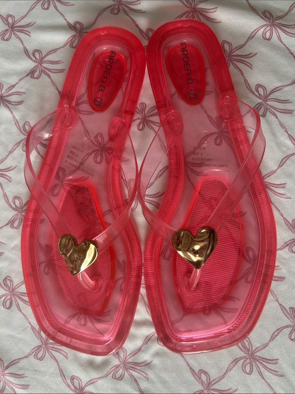 Transparent Pink Jelly Sandals with Gold Heart Accent Cute